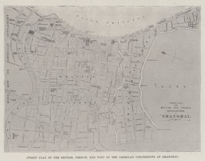 Plano de la Calle de las Concesiones Británicas, Francesas y Parte de las Americanas en Shanghai (grabado) de English School