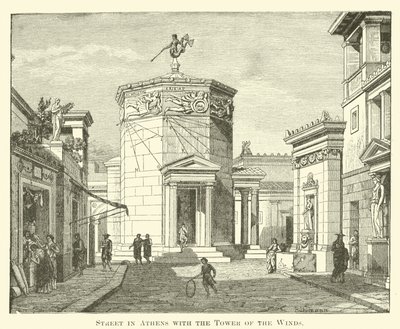 Calle en Atenas con la Torre de los Vientos de English School