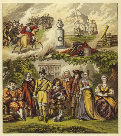 Estuardo, Commonwealth y Casa de Orange; Rey Jacobo I, Rey Carlos I, Oliver Cromwell, Rey Carlos II, Rey Jacobo II, Guillermo y María, Reina Ana de English School