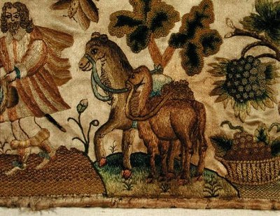 Bordado que representa una escena bíblica, c.1650 (detalle) de English School