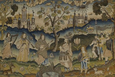 Bordado con escena de cinco músicos en jardín con árbol de English School