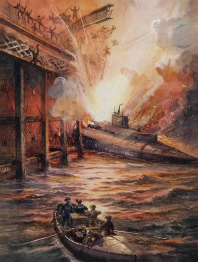 Submarino C3, lleno de explosivos, cargando el muelle en Zeebrugge de English School