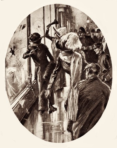 Sufragistas - dibujo de mujeres rompiendo escaparates en Londres, marzo de 1912 (grabado) de English School