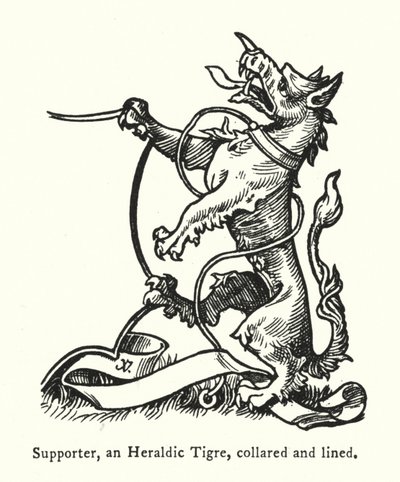 Soporte, un Tigre heráldico, con collar y línea de English School