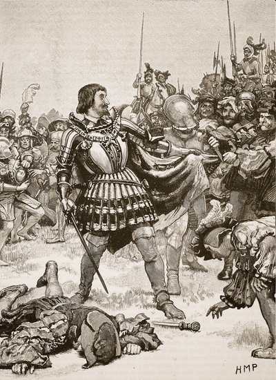 Rendición de Francisco en el campo de batalla de Pavía, ilustración de Cassells Illustrated History of England de English School