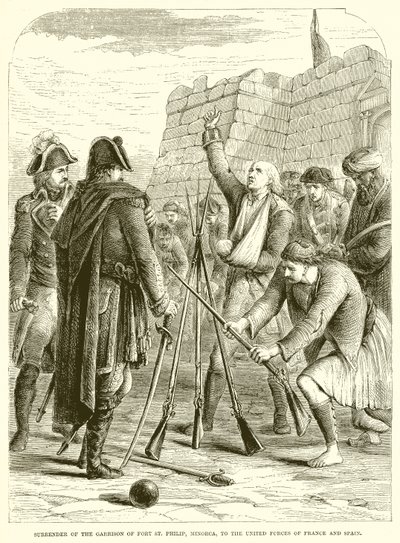 Rendición de la guarnición de Fort St. Philip, Menorca, a las fuerzas unidas de Francia y España de English School