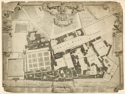 Encuesta y plano del Palacio Real de Whitehall, 1680, con los alojamientos y apartamentos pertenecientes a sus Majestades de English School