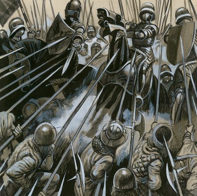 Soldados suizos derrotando al ejército borgoñón en 1476-77 de English School