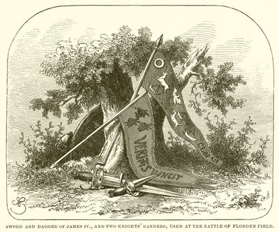 Espada y daga de Jacobo IV, y dos estandartes de caballeros, usados en la Batalla de Flodden Field de English School