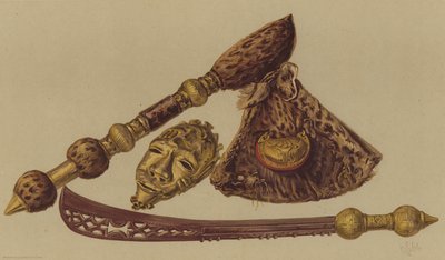 Espada, hacha y máscara de oro capturadas en la Expedición Ashantee de English School