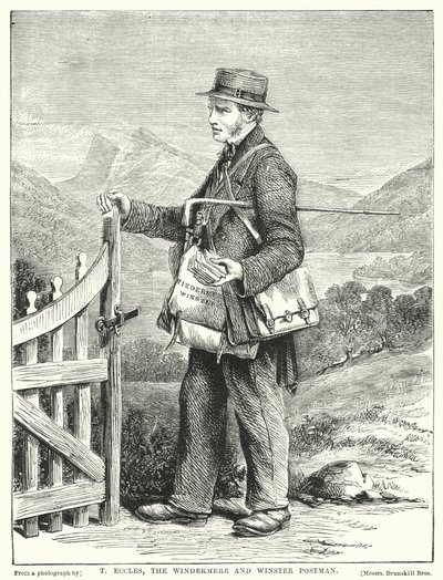 T Eccles, el cartero de Windermere y Winster (grabado) de English School