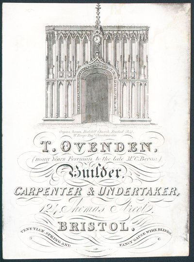 T Ovenden, constructor, carpintero y funerario, tarjeta comercial de English School