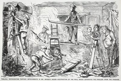 Cuadro, representando más mejoras en la casa del Sr. Briggs - destrucción de la pared que separa el salón del pasillo, ilustración de Punch de English School