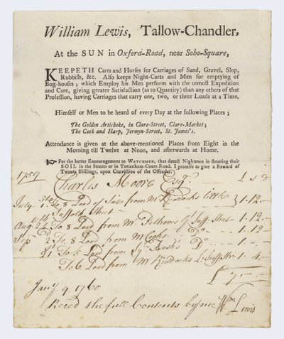 Tarjeta comercial de fabricante de velas, William Lewis de English School