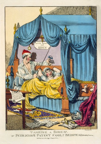 Domando a una Arpía o la Cama Familiar Patentada de Petruchio, Gag & Thumscrews, pub. Londres 1815 de English School