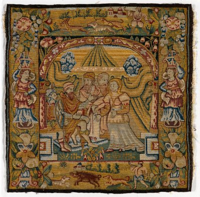 Funda de cojín de tapiz que representa a Susana ante el Juez, realizada en Sheldon, Inglaterra, después de 1600 (lana) de English School