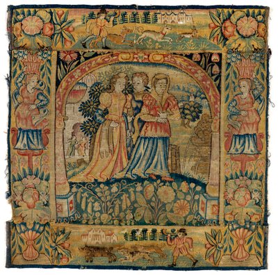 Funda de cojín de tapiz que representa a Susana camino del baño, realizada en Sheldon, Inglaterra, después de 1600 (lana) de English School