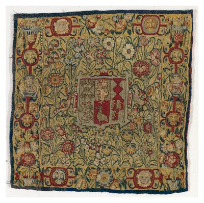Funda de cojín de tapiz con las armas de Sacheverell, fabricada en Sheldon, Inglaterra, después de 1600 (lana y seda) de English School