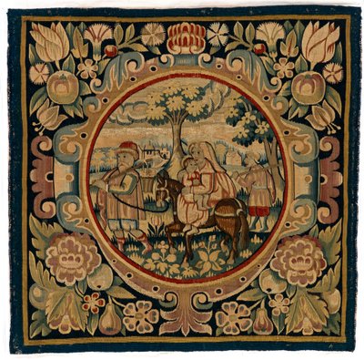 Funda de cojín de tapiz que representa la Huida a Egipto, confeccionada posiblemente en Sheldon, Inglaterra, principios del siglo XVII (lana) de English School