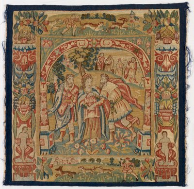 Panel de tapiz que representa a la reina de Saba en su encuentro con Salomón, realizado en Sheldon, Inglaterra. de English School