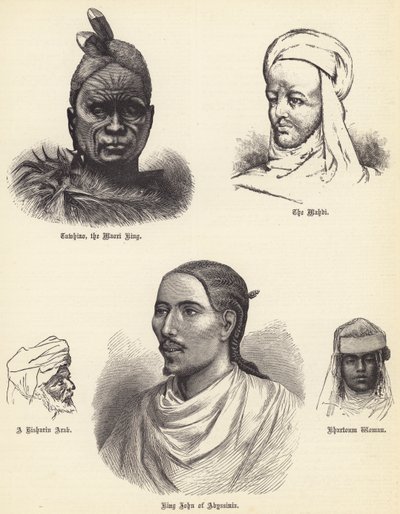 Tawhiao, el rey maorí, el Mahdi, un árabe Risharin, el rey Juan de Abisinia, mujer de Jartum (grabado) de English School