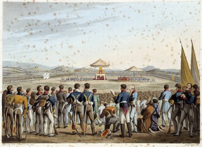 Te deum en el campo de batalla en "Anécdotas e incidentes históricos, militares y navales que llegaron a los brazos de Gran Bretaña y sus aliados, terminando en Waterloo" por Edward Orme. Ilustrado por Fry, Sutherland, Clark, Dubourg, W.Heart, JA, Atkinson de English School
