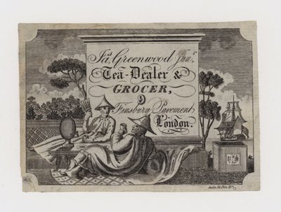 Tarjeta comercial de comerciante de té y tendero, James Greenwood de English School