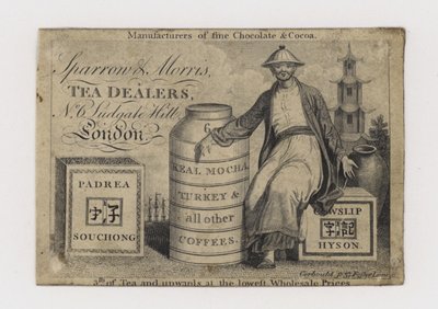 Tarjeta comercial de comerciantes de té, Sparrow & Morris de English School