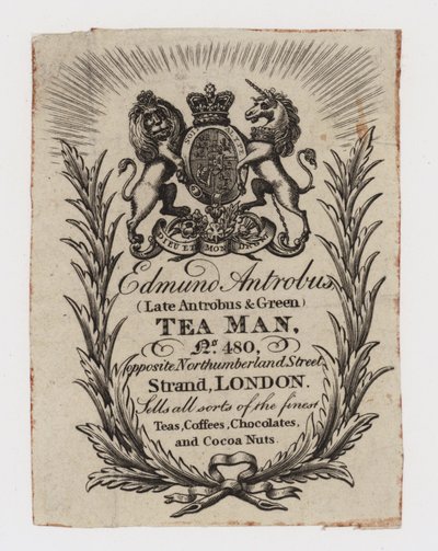 Tarjeta comercial de comerciante de té, Edmund Antrobus de English School