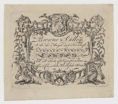 Tarjeta comercial de comerciantes de té, Browne y Culley de English School