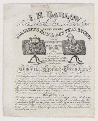 Tarjeta comercial de fabricantes de urnas de té, I H Barlow de English School