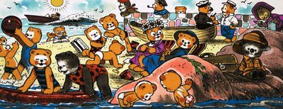 Osos de peluche jugando en la playa de English School