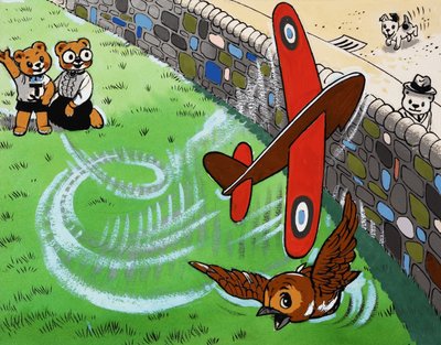 Oso de peluche volando en avión de juguete de English School
