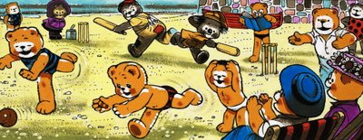 Osos de peluche jugando al cricket en la playa de English School