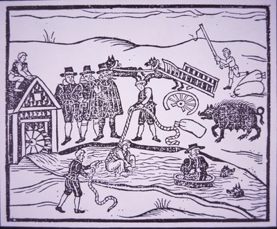 Prueba de brujas arrojándolas a un río (xilografía) de English School