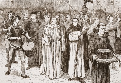 Procesión de Tetzel, ilustración de La Historia del Protestantismo de James Aitken Wylie, pub. 1878 de English School
