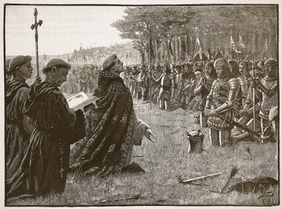 Acción de gracias del ejército inglés después de la Batalla de Agincourt, 25 de octubre de 1415, ilustración de Cassells Illustrated History of England de English School