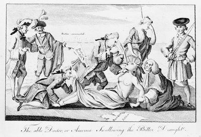 El Doctor Capaz, o América Tragando el Amargo Trago, publicado en el London Magazine, 1 de mayo de 1774 de English School