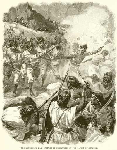 La Guerra Abisinia: Carga de los Punjaubees en la Batalla de Aroqhee de English School