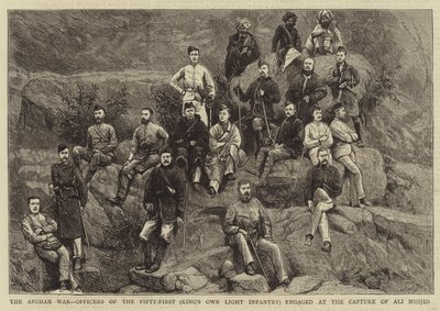 La guerra afgana, oficiales del Quincuagésimo Primero (Infantería Ligera del Rey) en la captura de Ali Musjid de English School