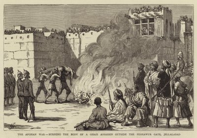 La guerra afgana, quemando el cuerpo de un asesino Ghazi fuera de la Puerta de Peshawur, Jellalabad de English School