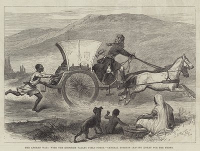 La Guerra Afgana, con la Fuerza de Campo del Valle de Khoorum, el General Roberts saliendo de Kohat hacia el Frente (grabado) de English School