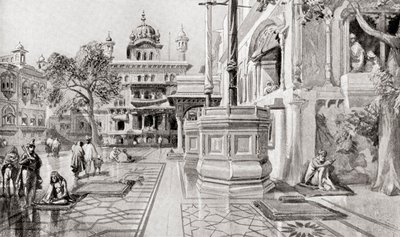 El Akal Takht o Akal Bunga, complejo Harmandir Sahib (Templo Dorado), Amritsar, Punjab, India en 1864, de la Historia de las Naciones de Hutchinson, pub.1915. de English School