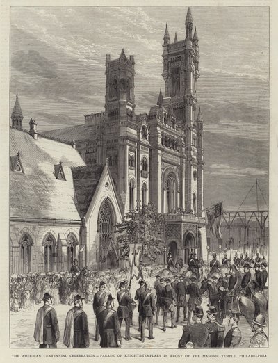 La celebración del centenario americano, desfile de caballeros templarios frente al templo masónico, Filadelfia de English School
