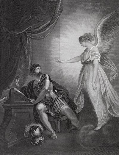 Aparición del ángel a Cornelio, Hechos, cap. 10, v. 4 (grabado) de English School