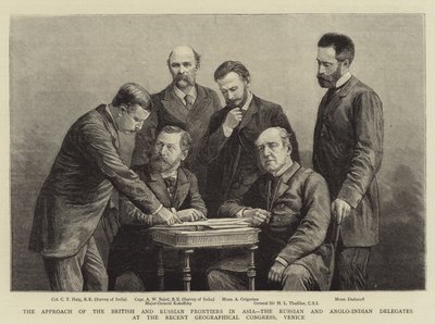 El acercamiento de las fronteras británica y rusa en Asia, los delegados rusos y anglo-indios en el reciente Congreso Geográfico, Venecia (grabado) de English School