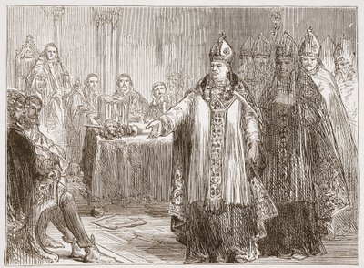 Los Arzobispos de York y Canterbury ante el Parlamento en la Abadía de Westminster, ilustración de La Historia del Protestantismo de James Aitken Wylie, pub. 1878 de English School