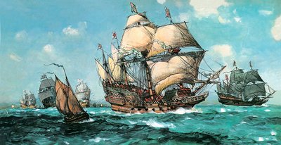 El Ark Royal navega para encontrarse con la Armada (litografia en color) de English School