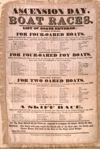 Programa de la carrera de botes del Día de la Ascensión, 6 de mayo de 1850 de English School