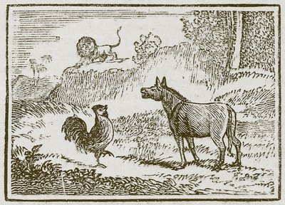 El asno, el león y el gallo (grabado) de English School
